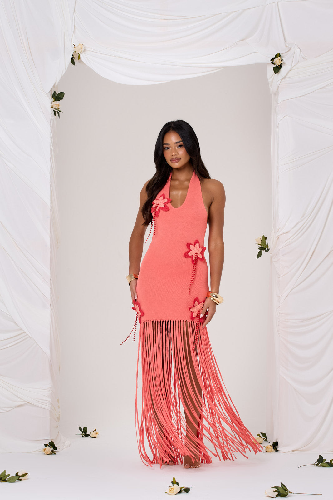 Fibi Crochet Flower Maxi Dress In Peach Coral