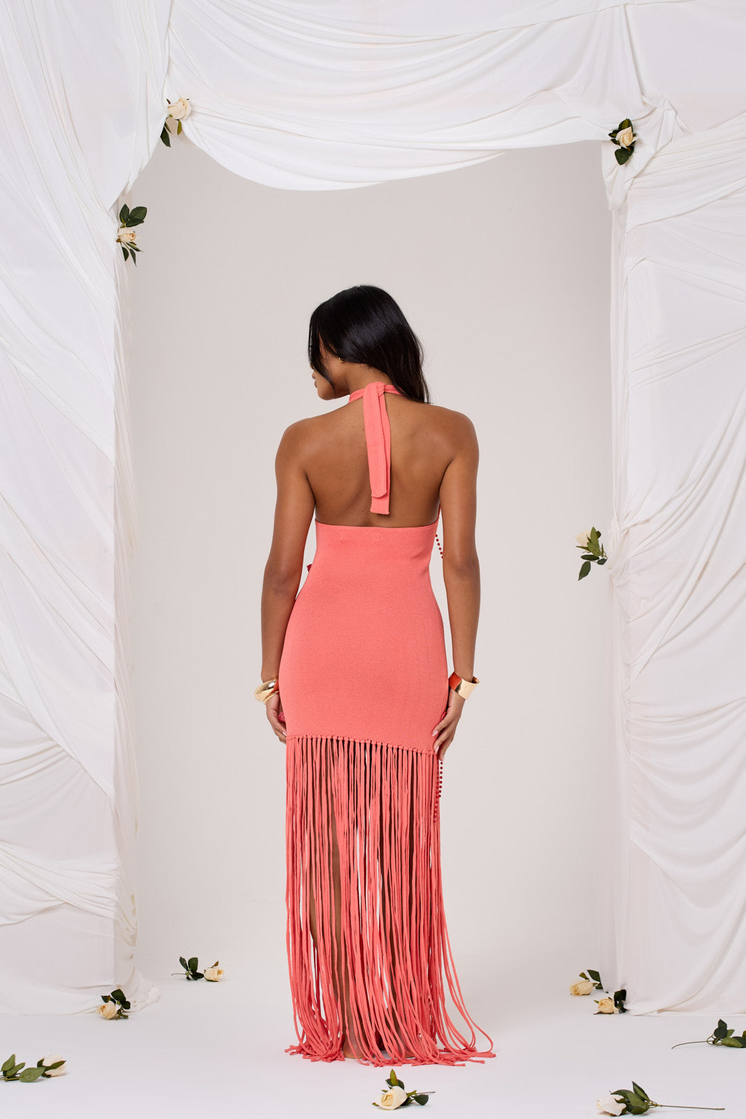 Fibi Crochet Flower Maxi Dress In Peach Coral